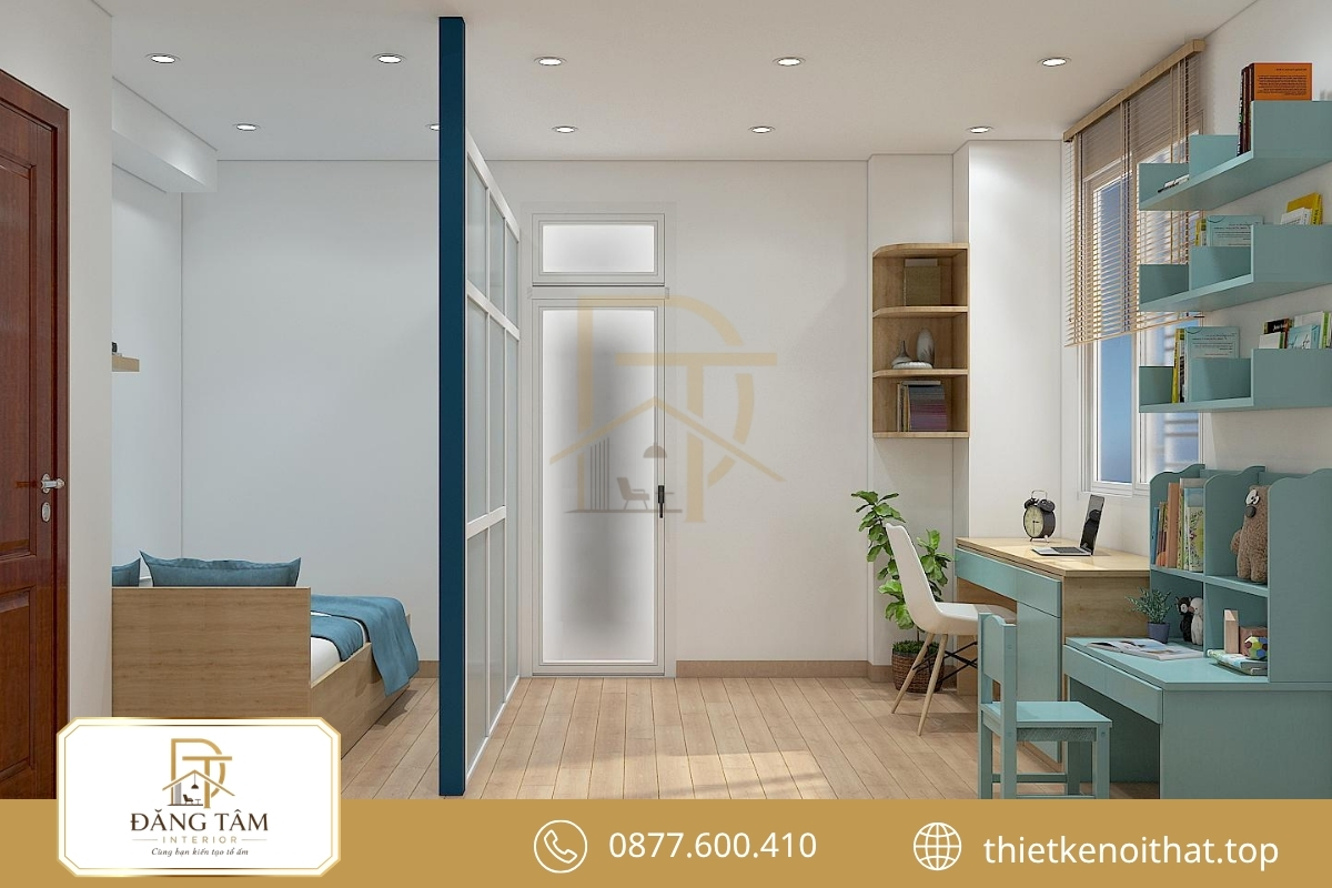 Nội thất phòng ngủ 16m2 kết hợp kệ sách gọn theo mảng tường 