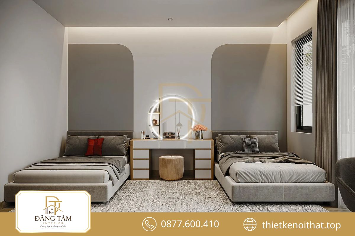 Hai giường bố trí cân đối tạo không gian nghỉ ngơi riêng tư linh hoạt