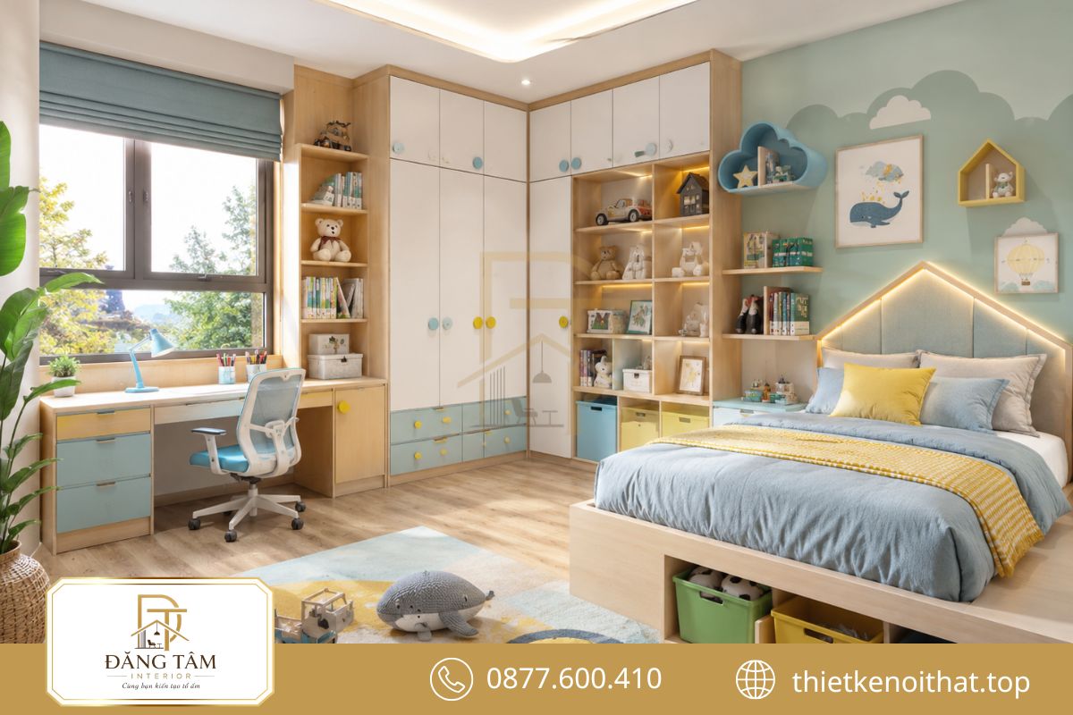Phòng trẻ em kết hợp học tập, nghỉ ngơi và lưu trữ trong bố cục gọn