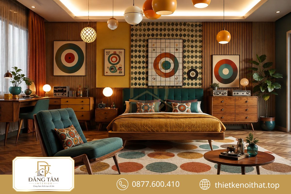 Màu sắc Retro nổi bật tạo cá tính mạnh cho không gian phòng ngủ 30m2
