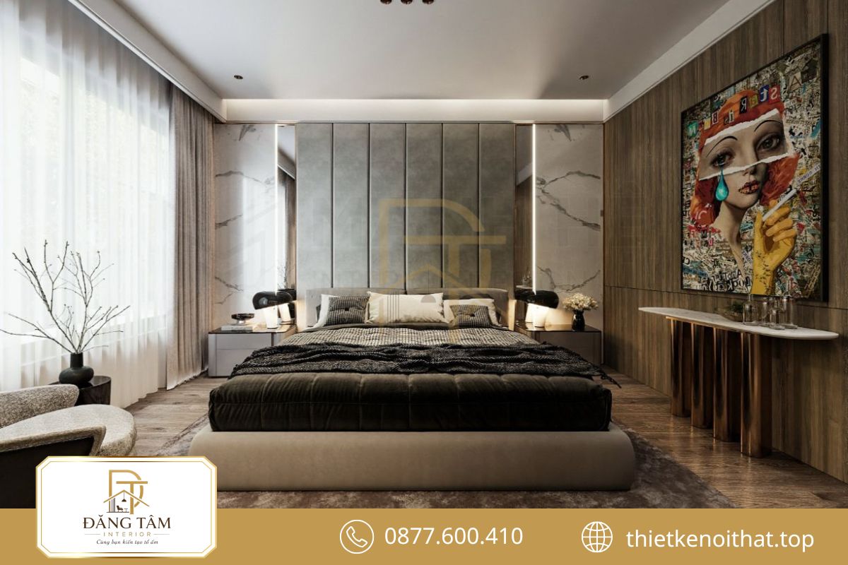 Không gian rộng mở tôn lên vẻ sang trọng của phòng ngủ biệt thự