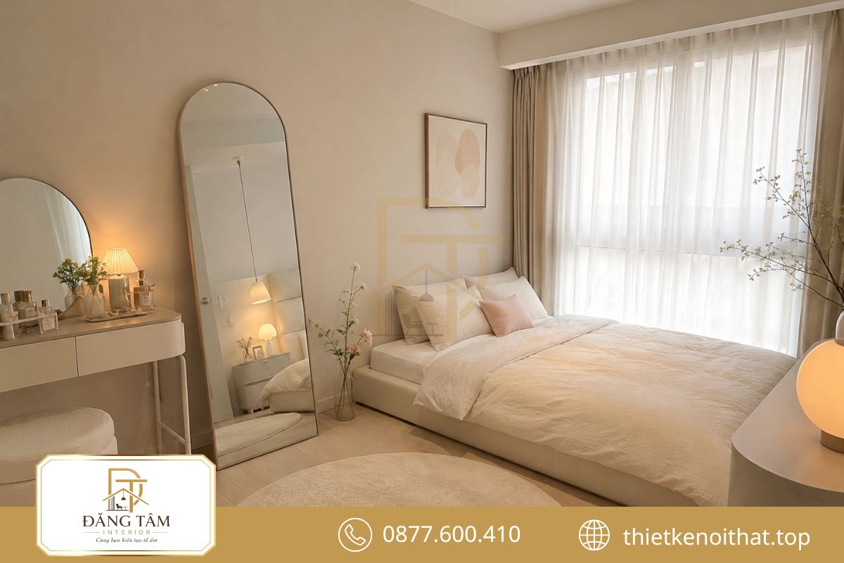 Phòng ngủ Hàn Quốc trẻ trung với nội thất thấp và gam màu sáng