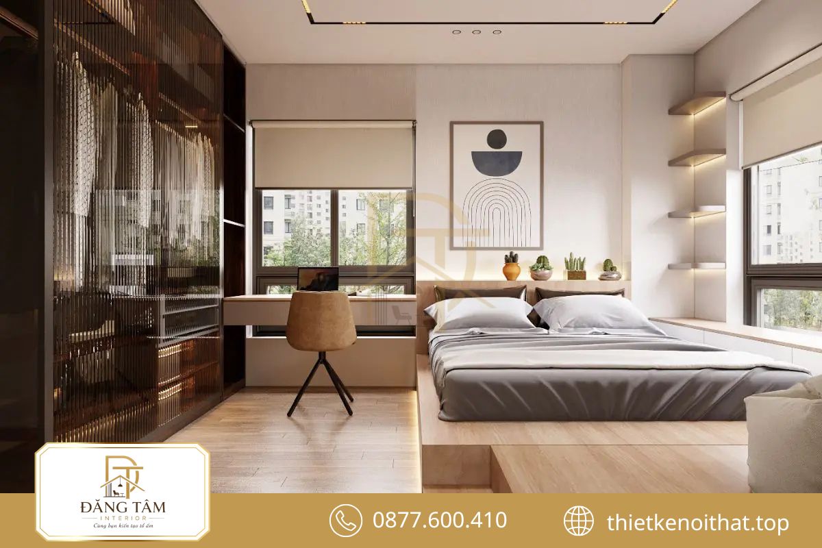 Nội thất liền tường giúp phòng ngủ chung cư gọn gàng và sáng thoáng