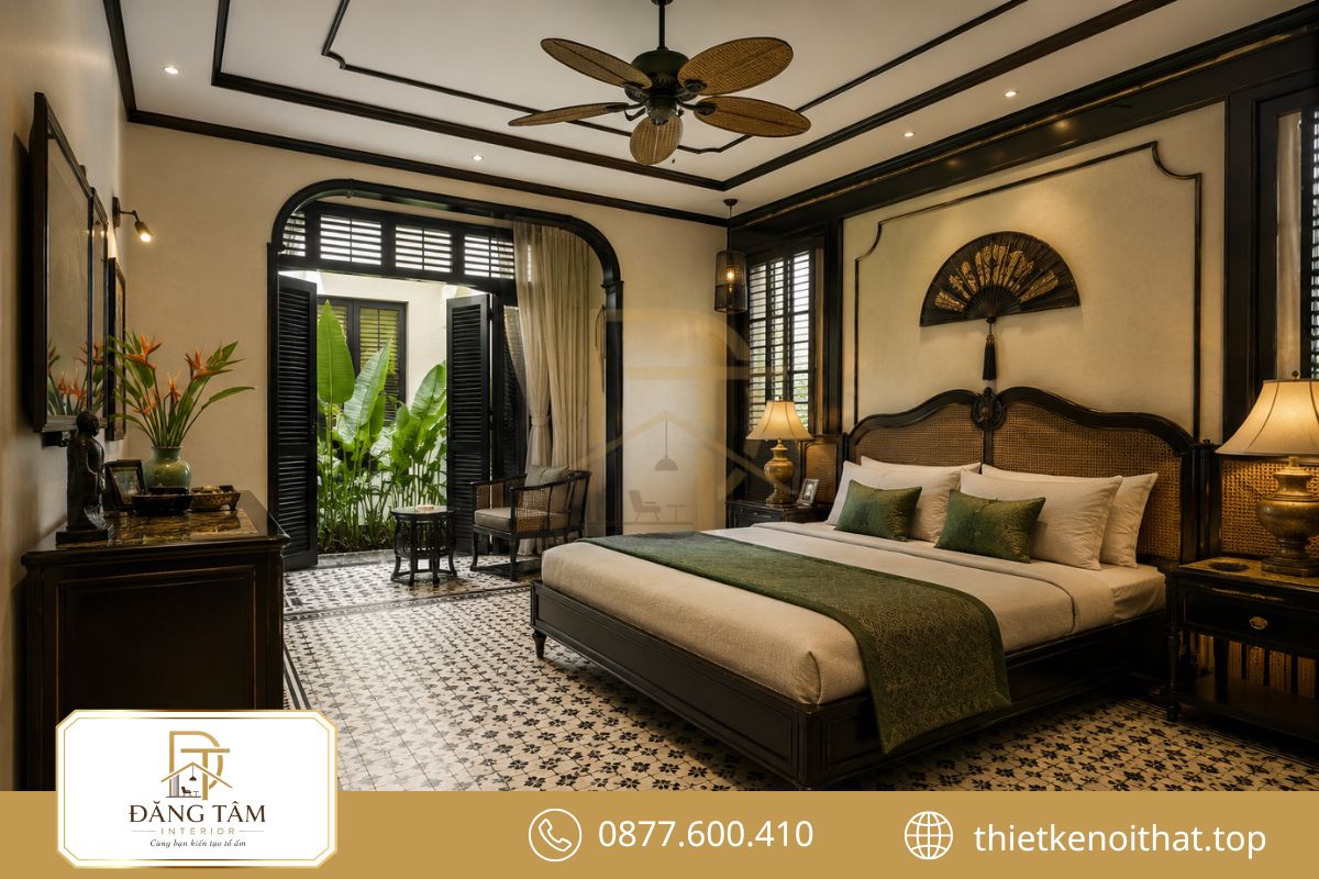 Họa tiết Á Đông tạo nét hoài cổ đặc trưng cho phòng ngủ Indochine