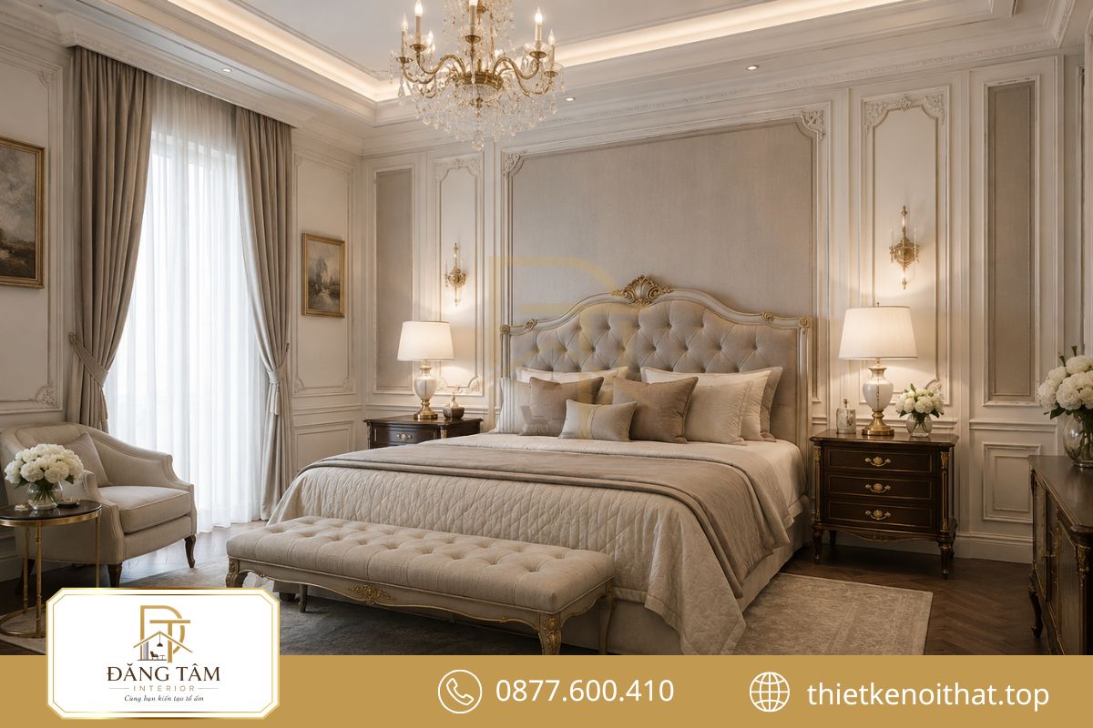 Đường phào tinh tế mang lại vẻ trang nhã cho phòng ngủ Tân cổ điển