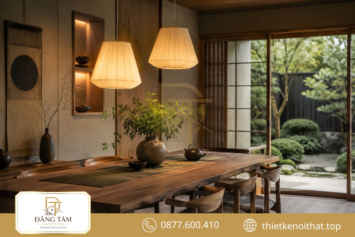 Phòng ăn Nhật Bản ấm cúng với gỗ tự nhiên và ánh sáng dịu nhẹ