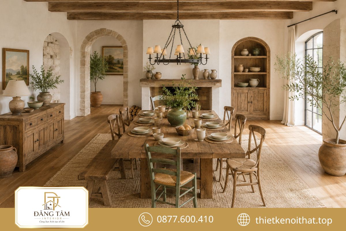 Bàn gỗ mộc tạo tâm điểm ấm áp cho phòng ăn mang tinh thần Rustic
