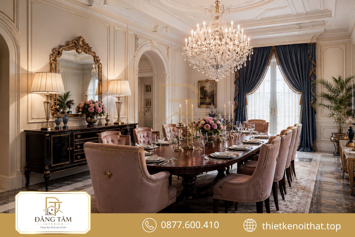 Phòng ăn mang phong cách thiết kế nội thất tân cổ điển với điểm nhấn thanh lịch, hài hòa