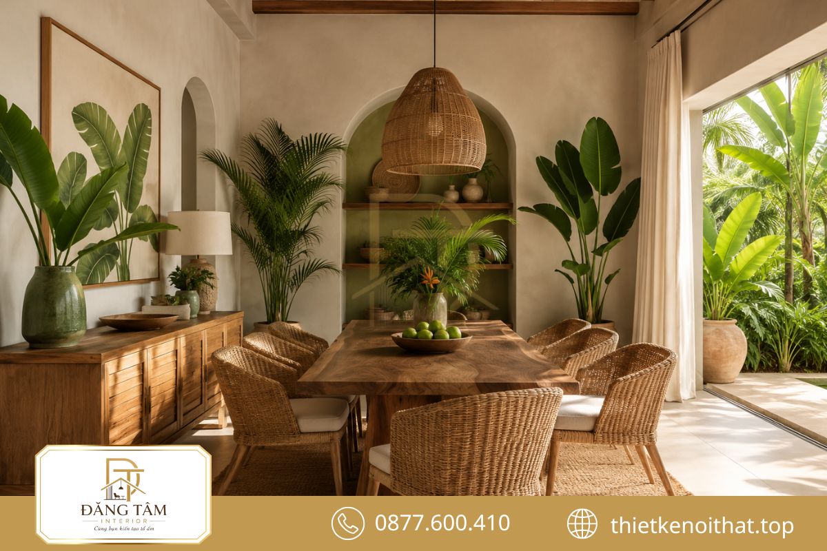 Phòng ăn Tropical ấm áp nhờ gỗ tự nhiên và đèn mây thủ công