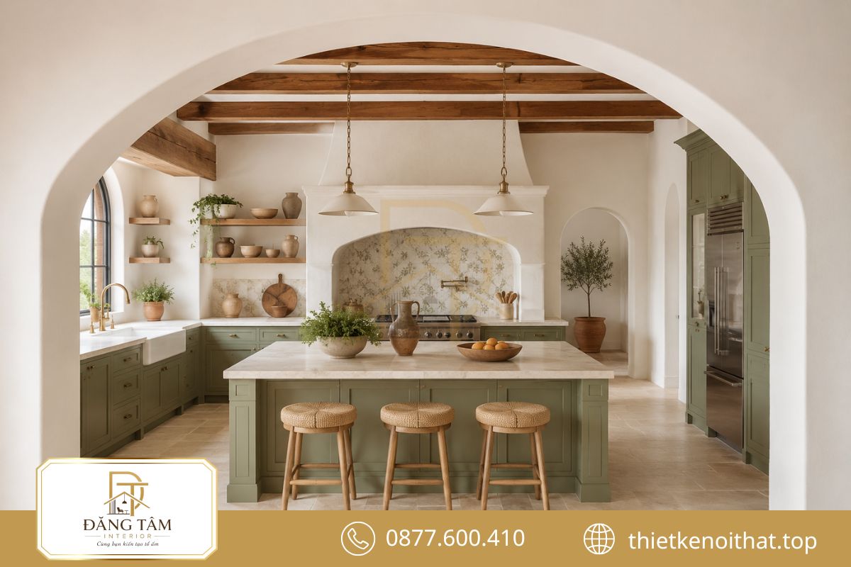 Phòng bếp Mediterranean kết hợp tủ sáng màu, đá tự nhiên và gạch thủ công