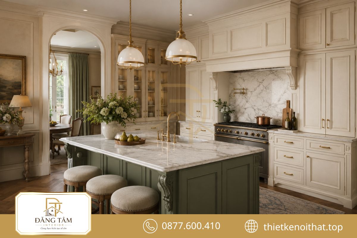 Không gian bếp nội thất kiểu Pháp thanh lịch qua tủ phào và đá tự nhiên