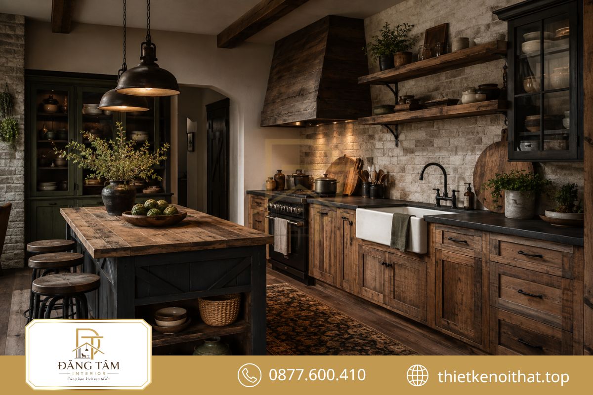 Gian bếp phong cách nội thất Rustic nổi bật với gỗ, đá và sắc màu ấm