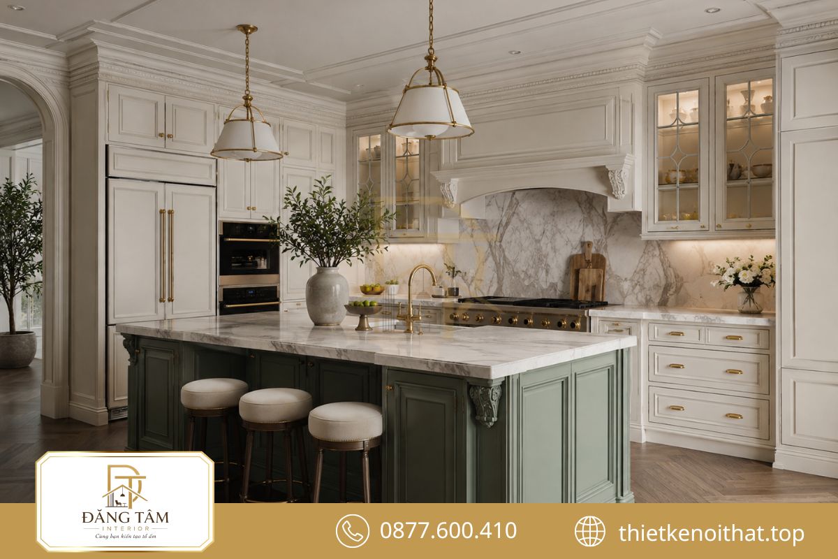 Phòng bếp ứng dụng phong cách thiết kế nội thất tân cổ điển theo hướng gọn gàng, sang trọng