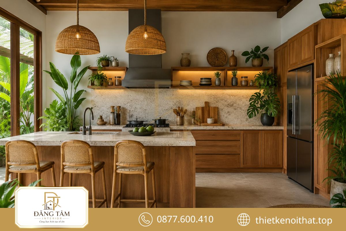 Bếp Tropical kết hợp tủ gỗ, đá sáng và chi tiết xanh tự nhiên