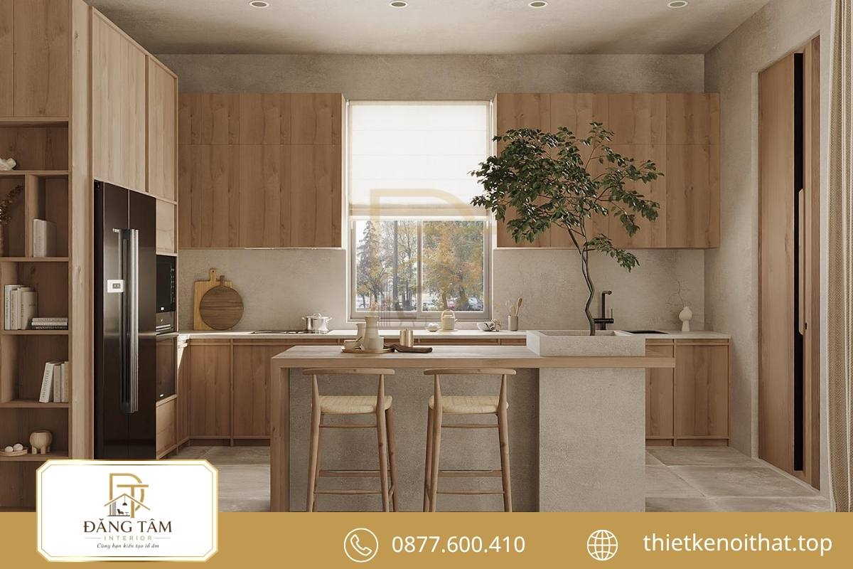 Bếp Wabi Sabi kết hợp gỗ, đá và sắc màu đất gần gũi 