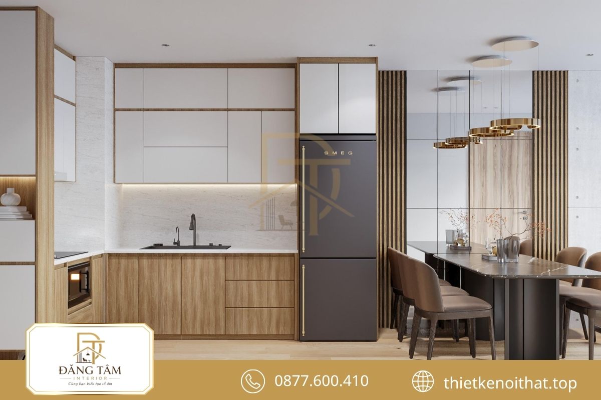 Phòng bếp và bàn ăn căn hộ 2 phòng ngủ liền mạch, tiện dụng 