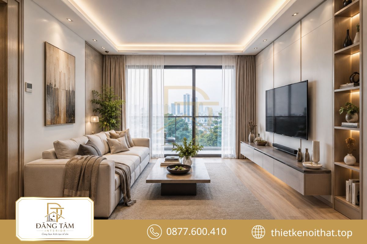 Phòng khách hiện đại nổi bật với đường nét tinh giản và nội thất tiện nghi