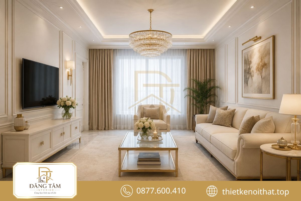 Phòng khách Tân cổ điển thanh lịch nhờ phào chỉ nhẹ và nội thất cân đối