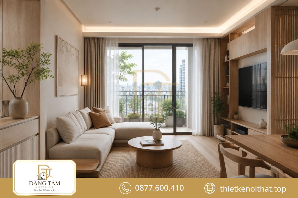 Thiết kế phòng khách 25m2 Japandi mang vẻ ấm áp, thư thái