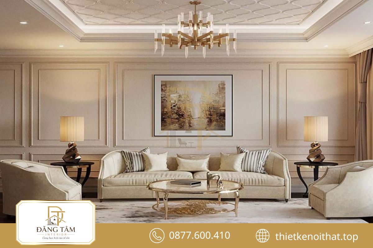 Thiết kế phòng khách 25m2 Tân cổ điển sang trọng, thanh lịch