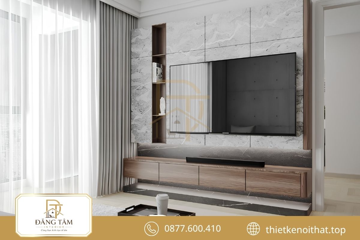 Phòng khách căn hộ 2 phòng ngủ thông thoáng với nội thất hiện đại 