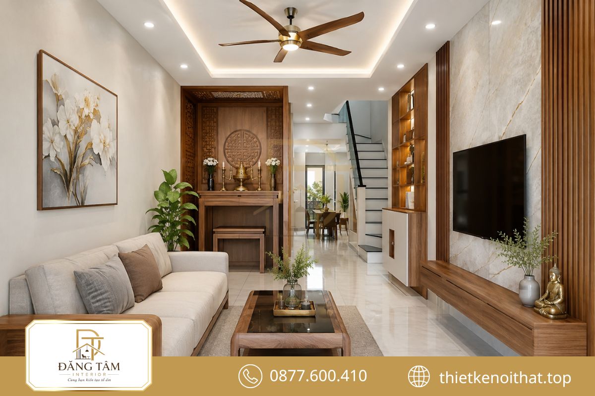 Bàn thờ chung cư nhỏ gọn, trang nhã và hài hòa cùng nội thất hiện đại