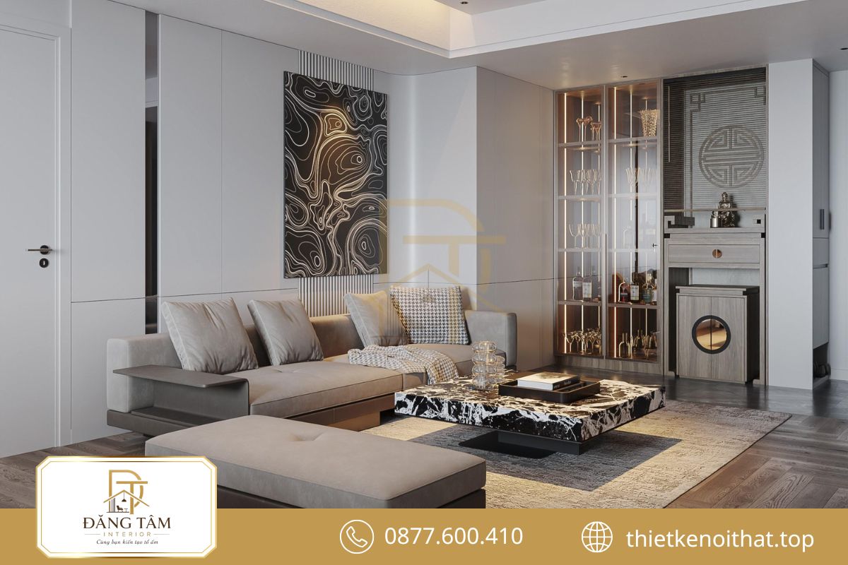Bàn thờ nhà cấp 4 bố trí trang trọng tại gian trung tâm phòng khách