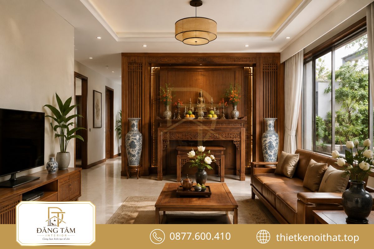 Bố trí bàn thờ nhà ống tránh lối đi và giữ khoảng thờ yên tĩnh