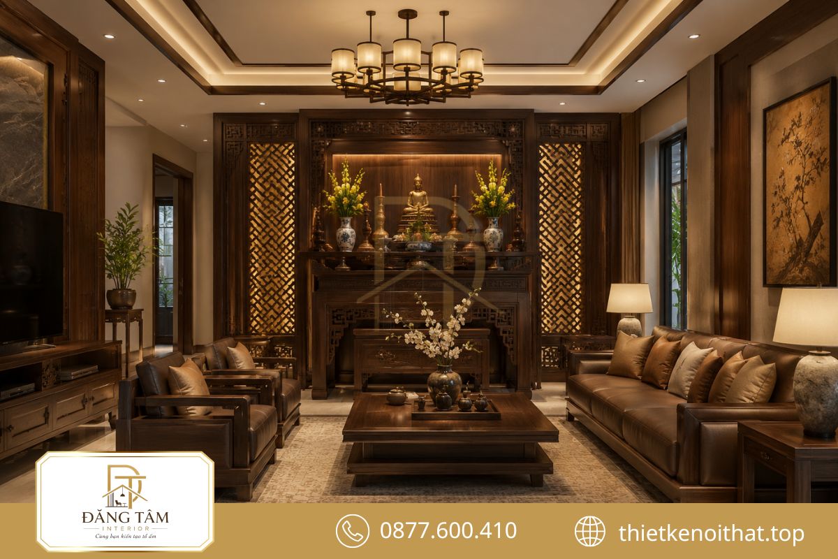 Bàn thờ đứng tạo điểm tựa trang nghiêm cho tổng thể không gian phòng khách