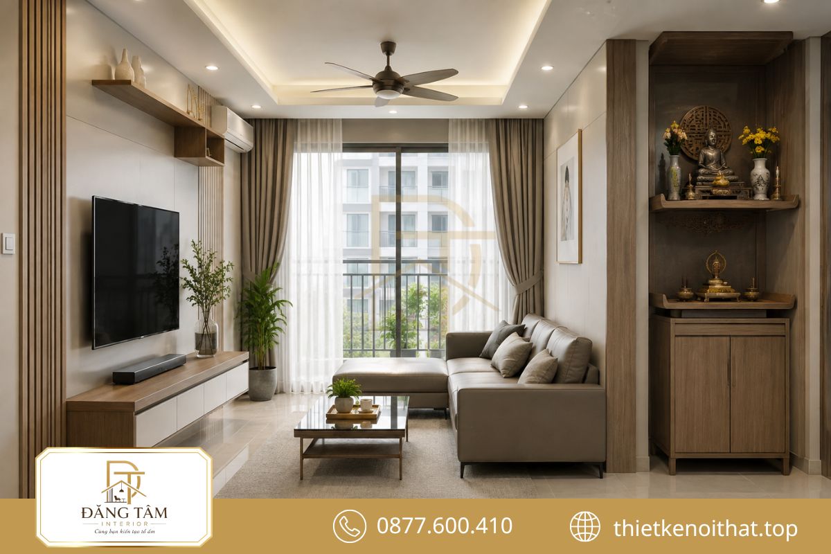 Vách ngăn gỗ phân chia khu thờ tinh tế, giữ không gian luôn thông thoáng