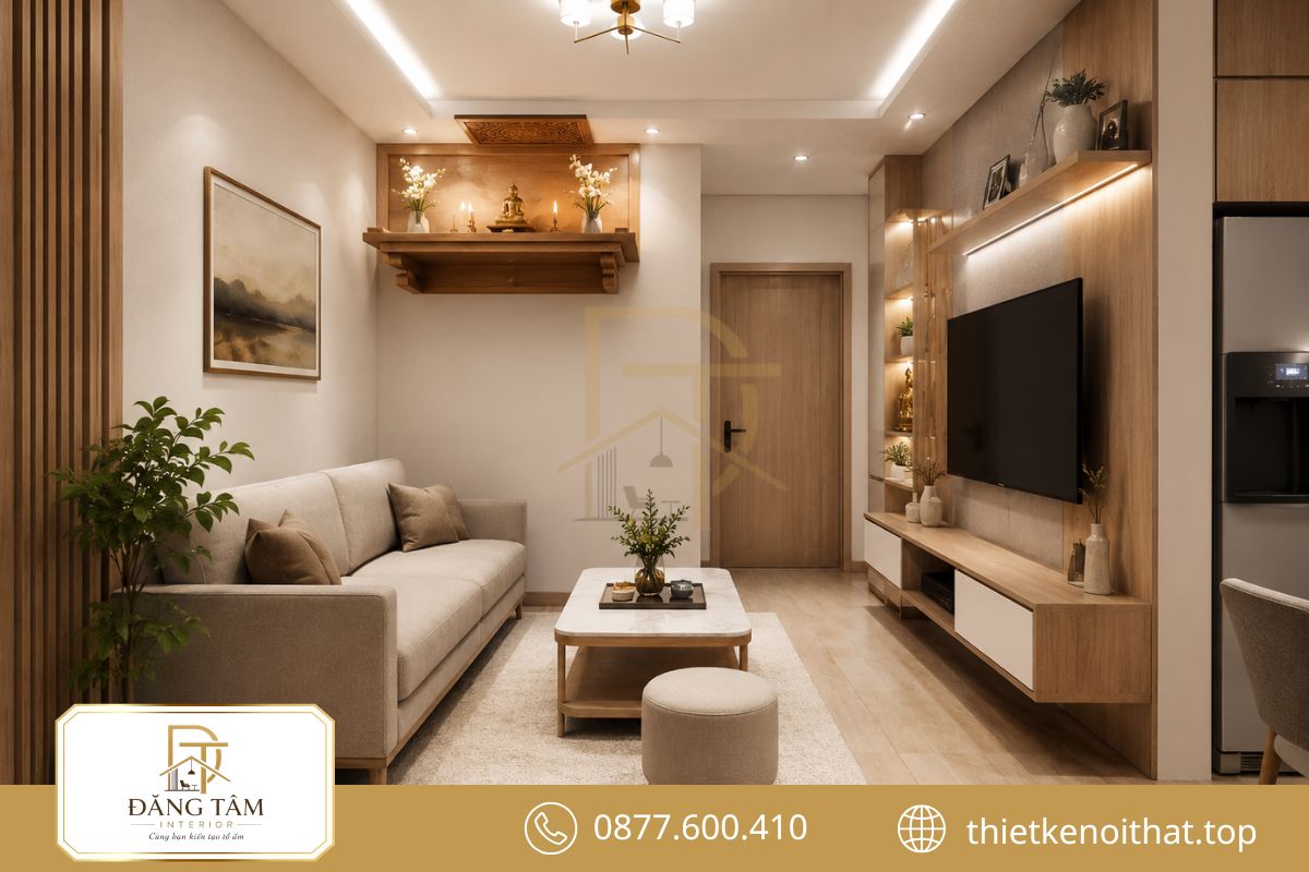 Mẫu bàn thờ treo nhỏ gọn giúp phòng khách tiết kiệm diện tích sử dụng