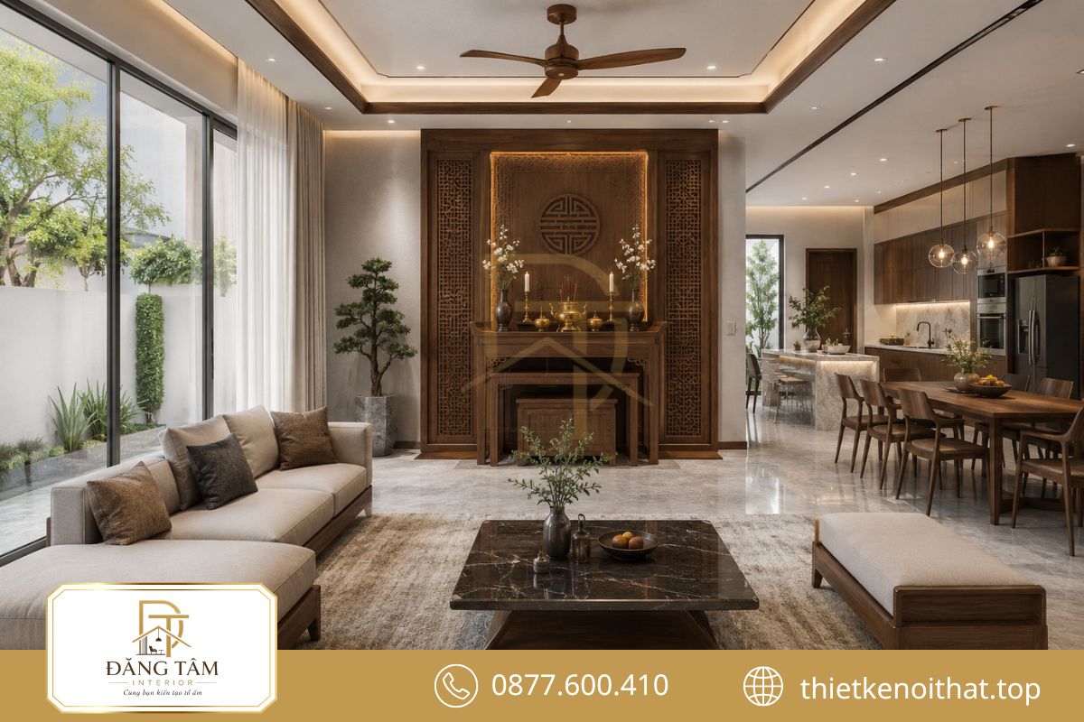 Không gian mở kết nối bàn thờ với phòng khách theo bố cục liền mạch