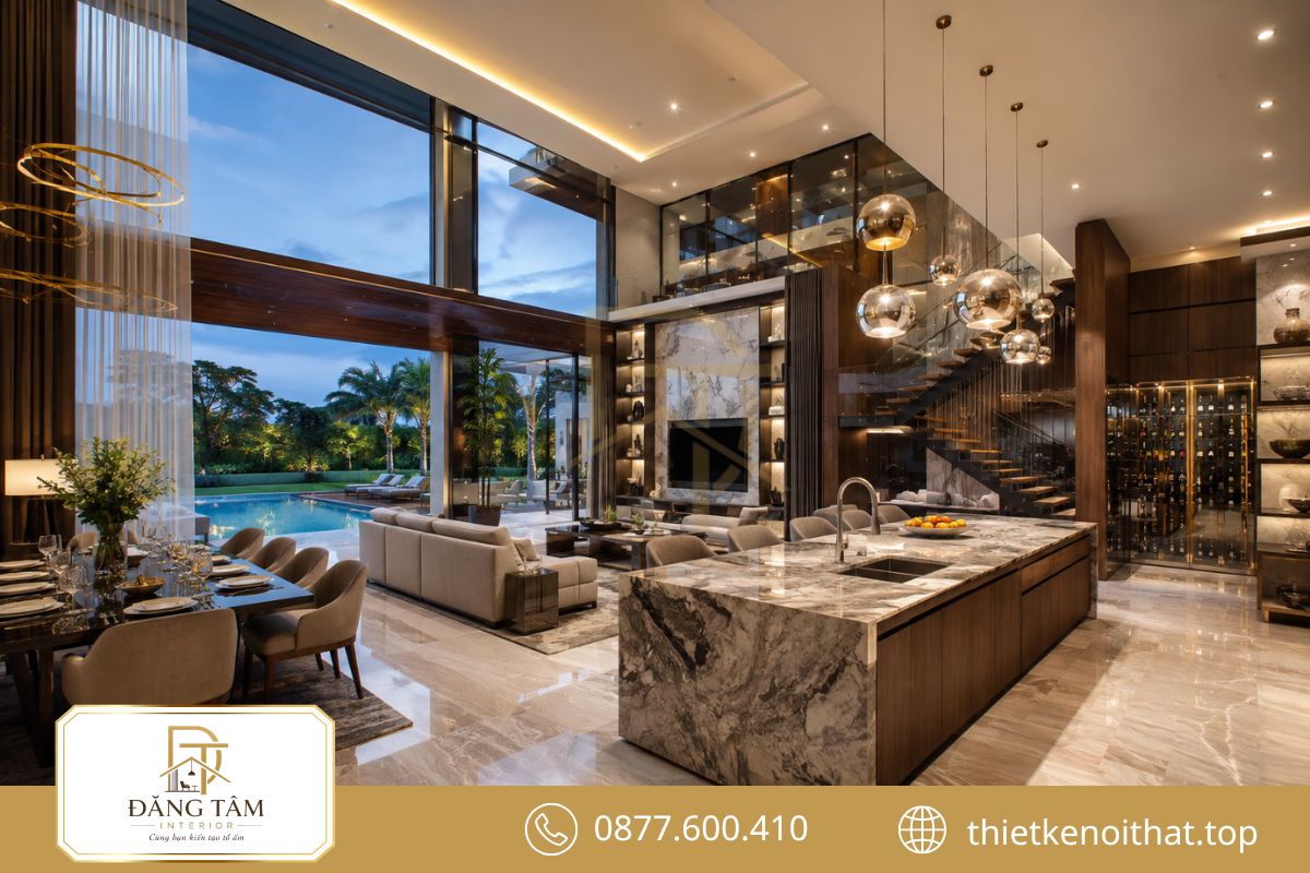 Biệt thự liền bếp tạo không gian sinh hoạt sang trọng hướng ra sân vườn