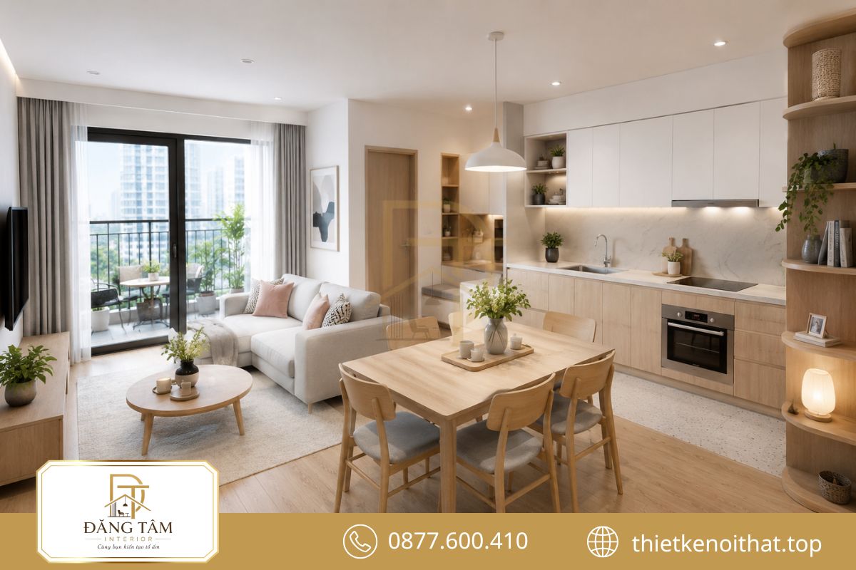 Không gian chung cư liền bếp gọn gàng nhờ nội thất tinh giản, đồng bộ
