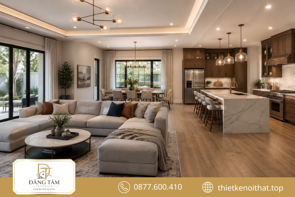 Phòng khách liền bếp nhà phố khai thác chiều sâu và tăng ánh sáng