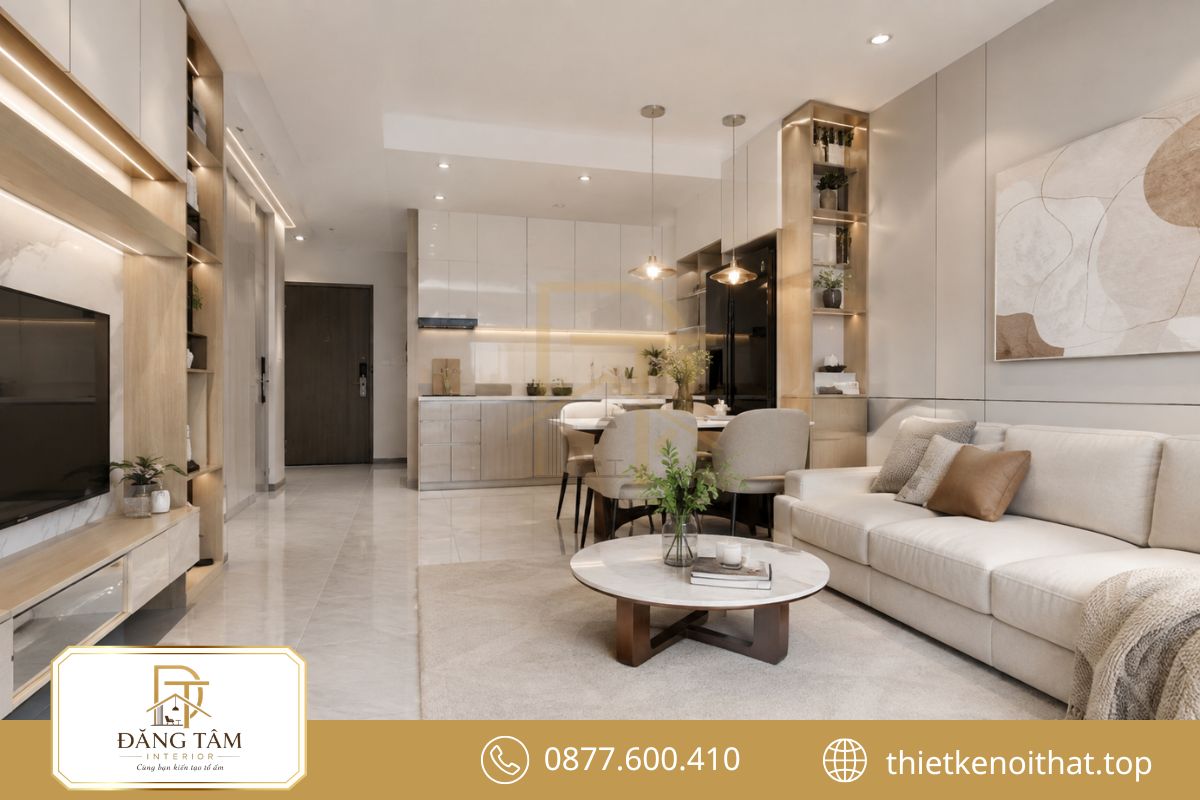 Nội thất gọn nhẹ giúp phòng khách liền bếp nhỏ vẫn thoáng và tiện nghi