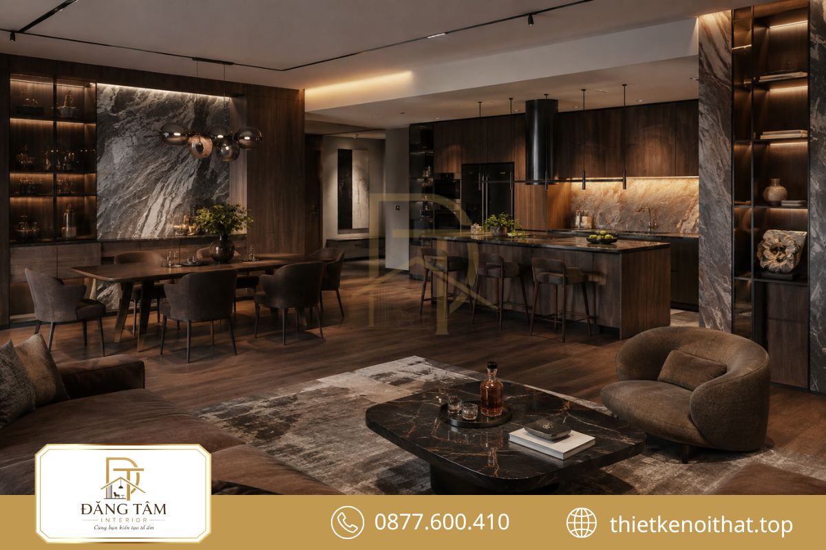 Không gian rộng cho phép bố trí đảo bếp, bàn ăn lớn và sofa chữ L
