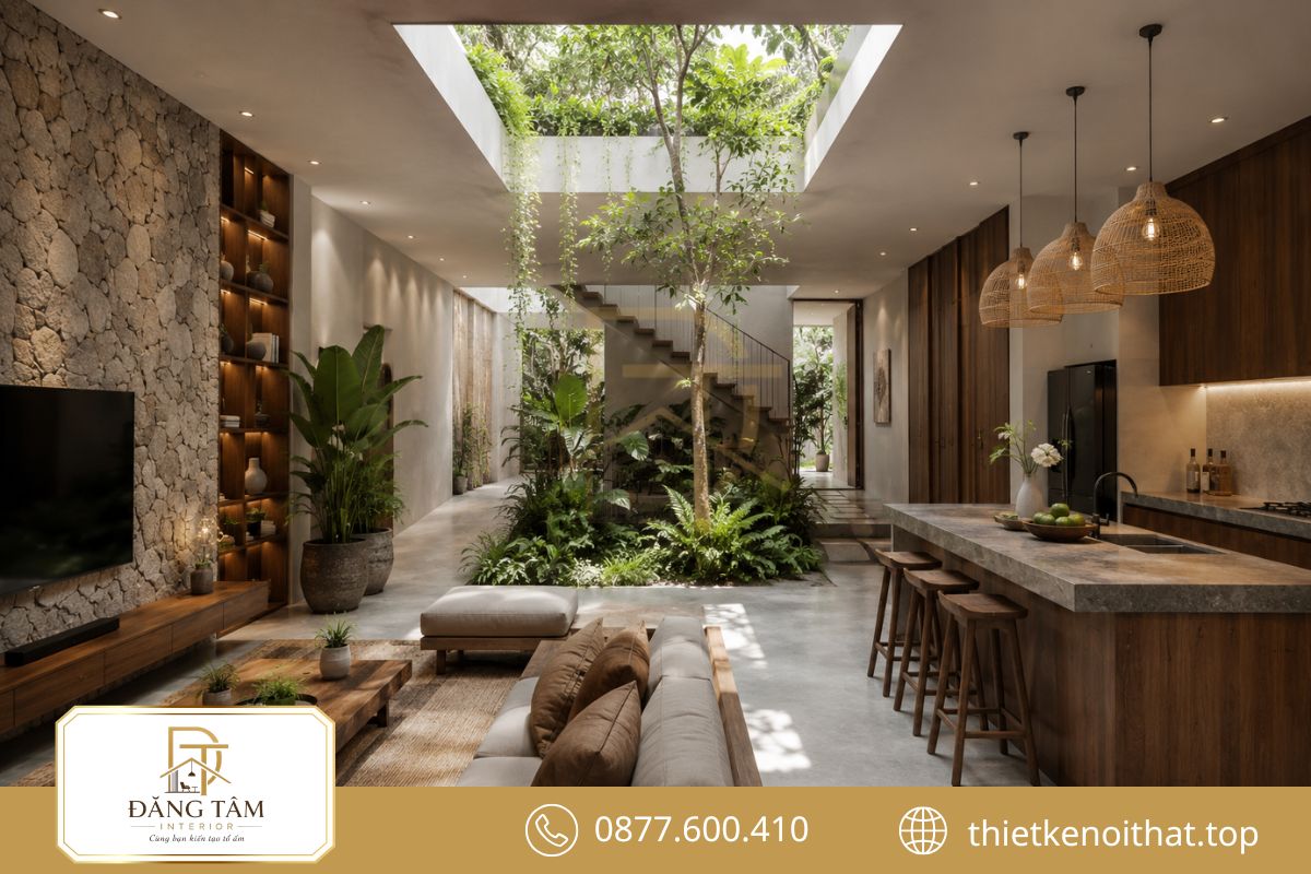 Giếng trời đưa ánh sáng và cây xanh vào sâu trong không gian sinh hoạt