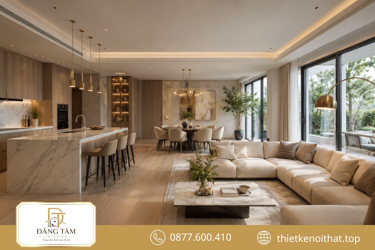Không gian mở kết nối phòng khách, bếp, bàn ăn với cảnh quan bên ngoài