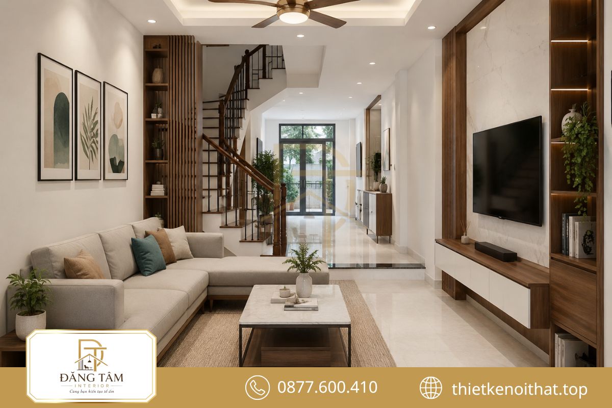 Thiết kế phòng khách 25m2 nhà phố khai thác mặt bằng tốt