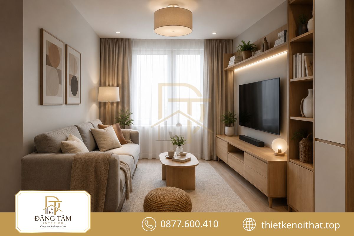 Phòng khách 10m2 đầy đủ tiện nghi với bố cục cân đối
