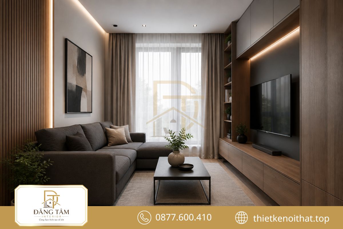 Phòng khách 12m2 hiện đại nổi bật với đường nét thanh thoát