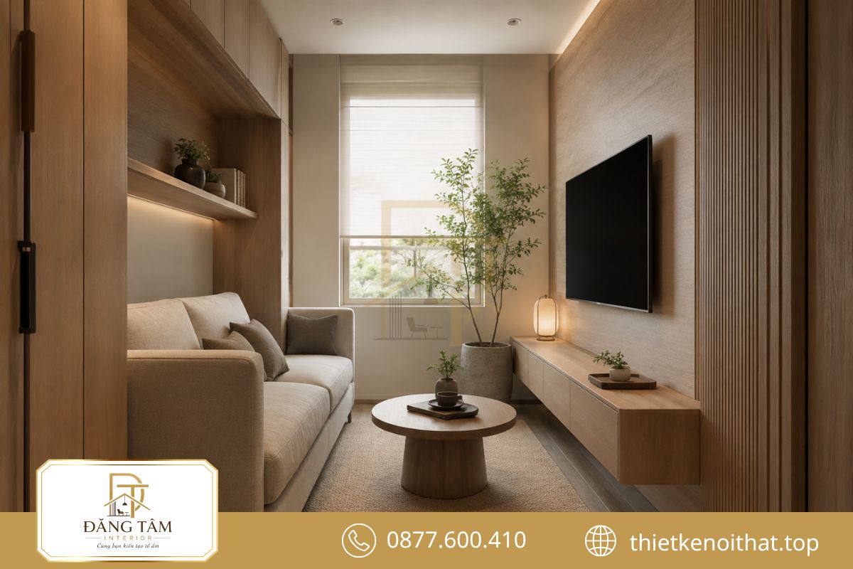 Phòng khách 5m2 khai thác từng góc nhỏ bằng nội thất tinh gọn