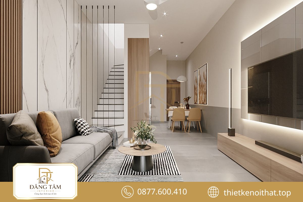 Phòng khách nhà ống hẹp ngang giữ lối đi liền mạch