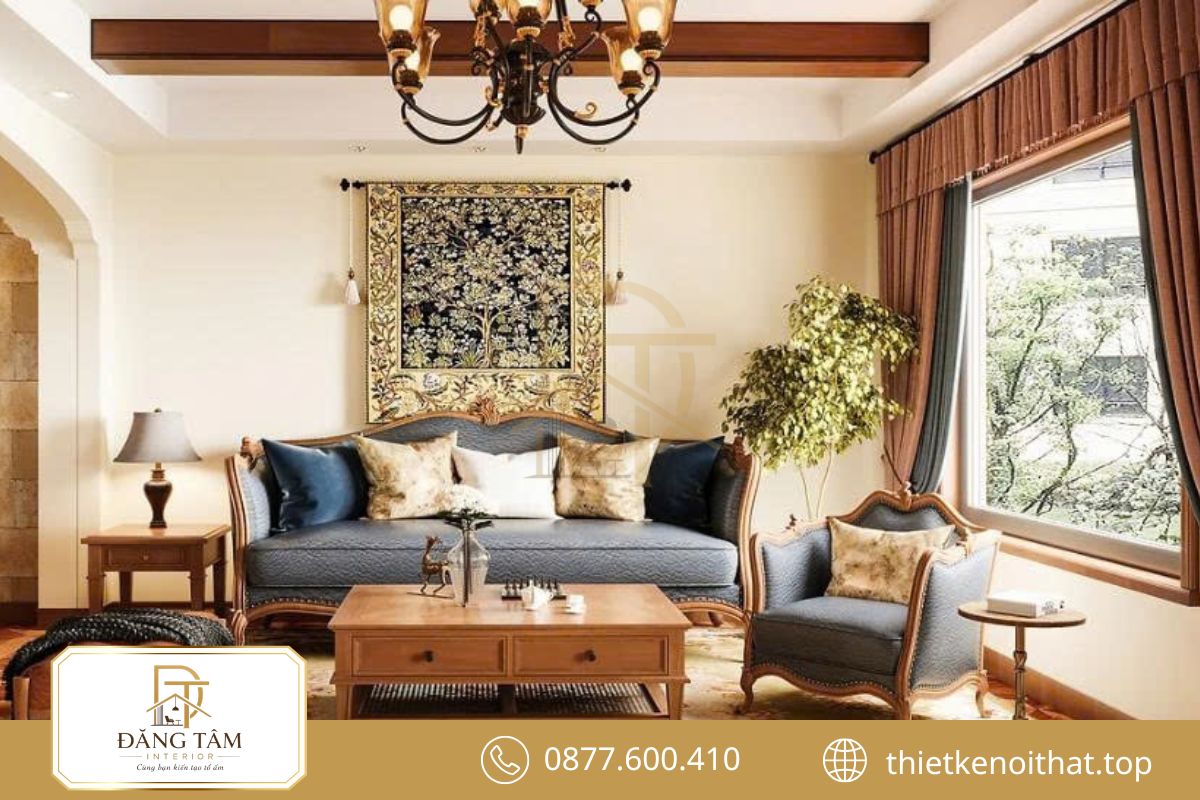 Phòng khách Vintage ấm áp với màu gỗ và phụ kiện hoài cổ