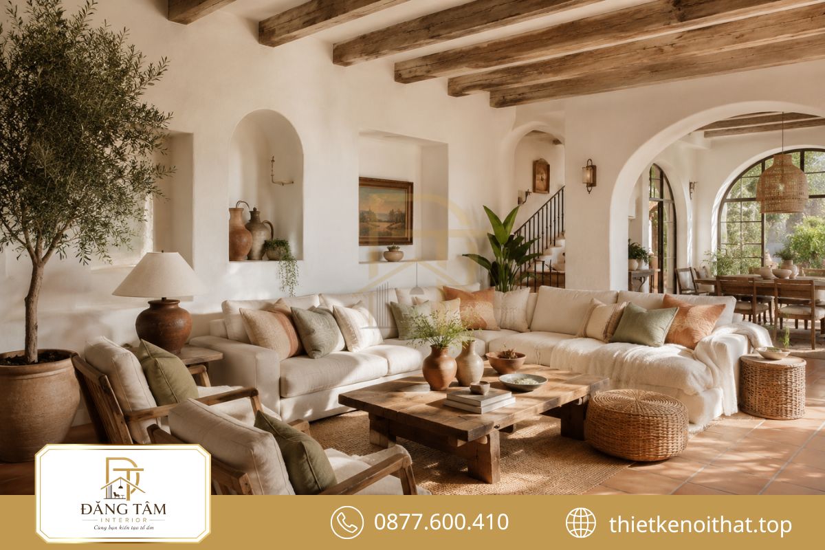 Phòng khách theo phong cách nội thất Địa Trung Hải sáng thoáng với sofa mềm và vật liệu tự nhiên