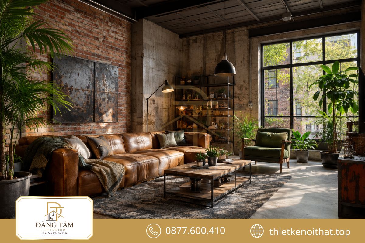 Phòng khách Industrial nổi bật với gạch mộc, sofa da và kim loại