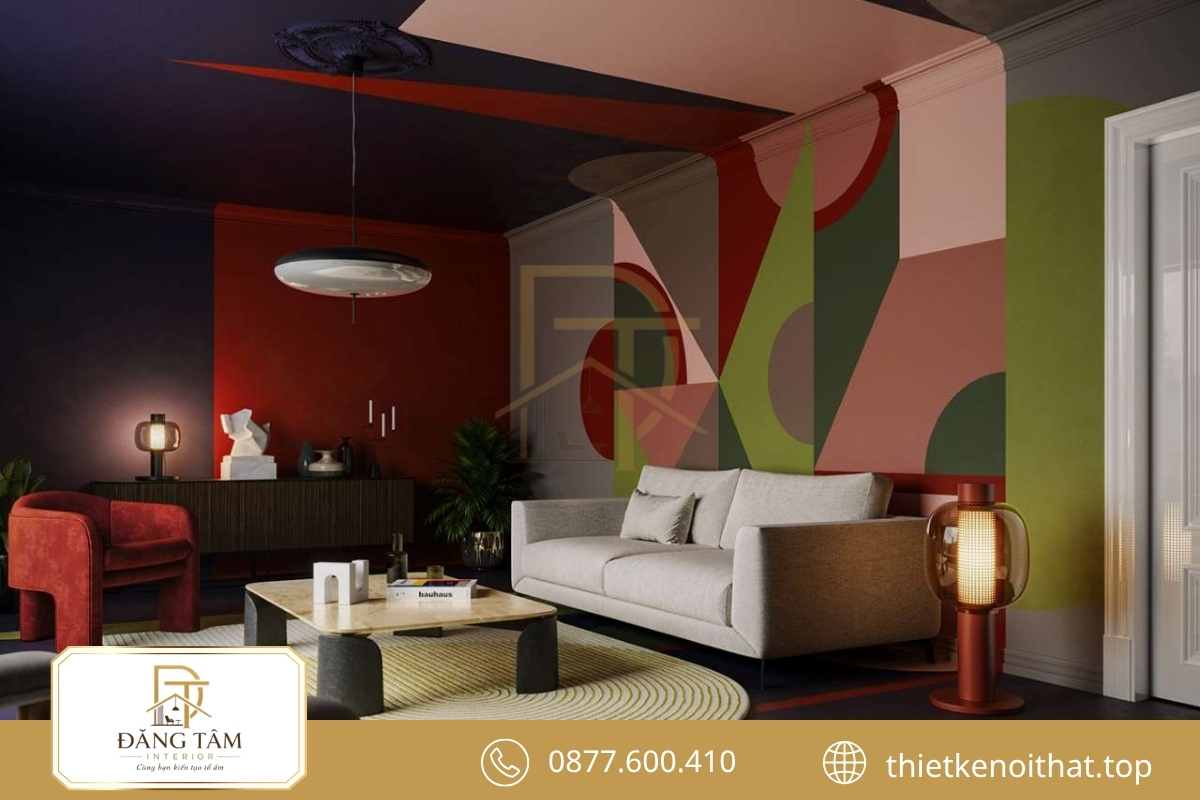 Phòng khách Bauhaus nổi bật với hình học và điểm màu có chủ đích