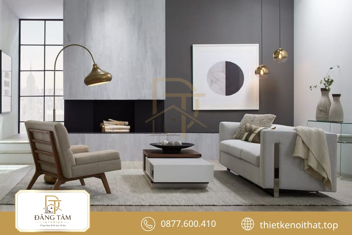 Phòng khách phong cách Contemporary nổi bật với hình khối và vật liệu nghệ thuật