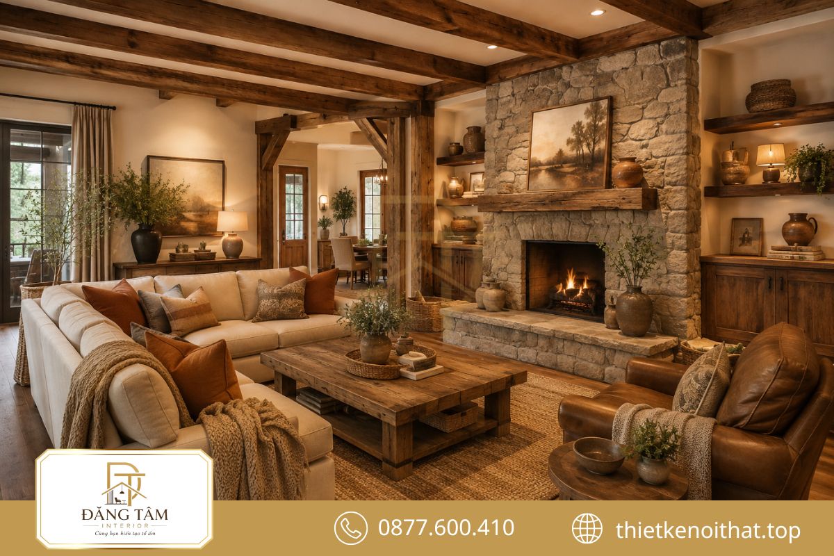 Phòng khách phong cách nội thất Rustic ấm áp nhờ gỗ tự nhiên và ánh sáng dịu